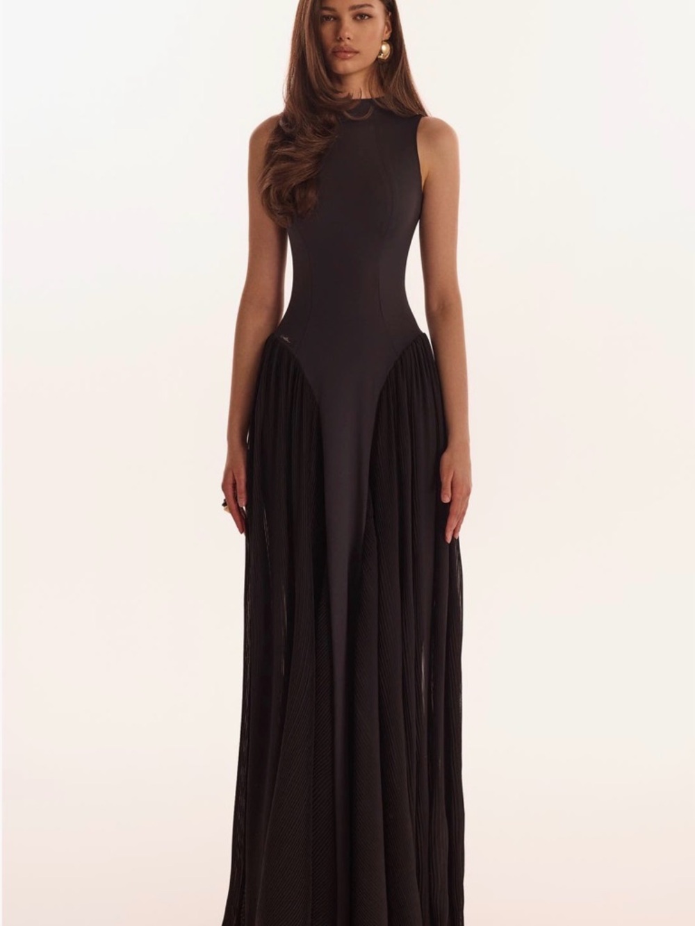 Black Tie Mock Neck Black Maxi Dress with Pleated Panels Formal Wedding Guest - Picture 2 of 7